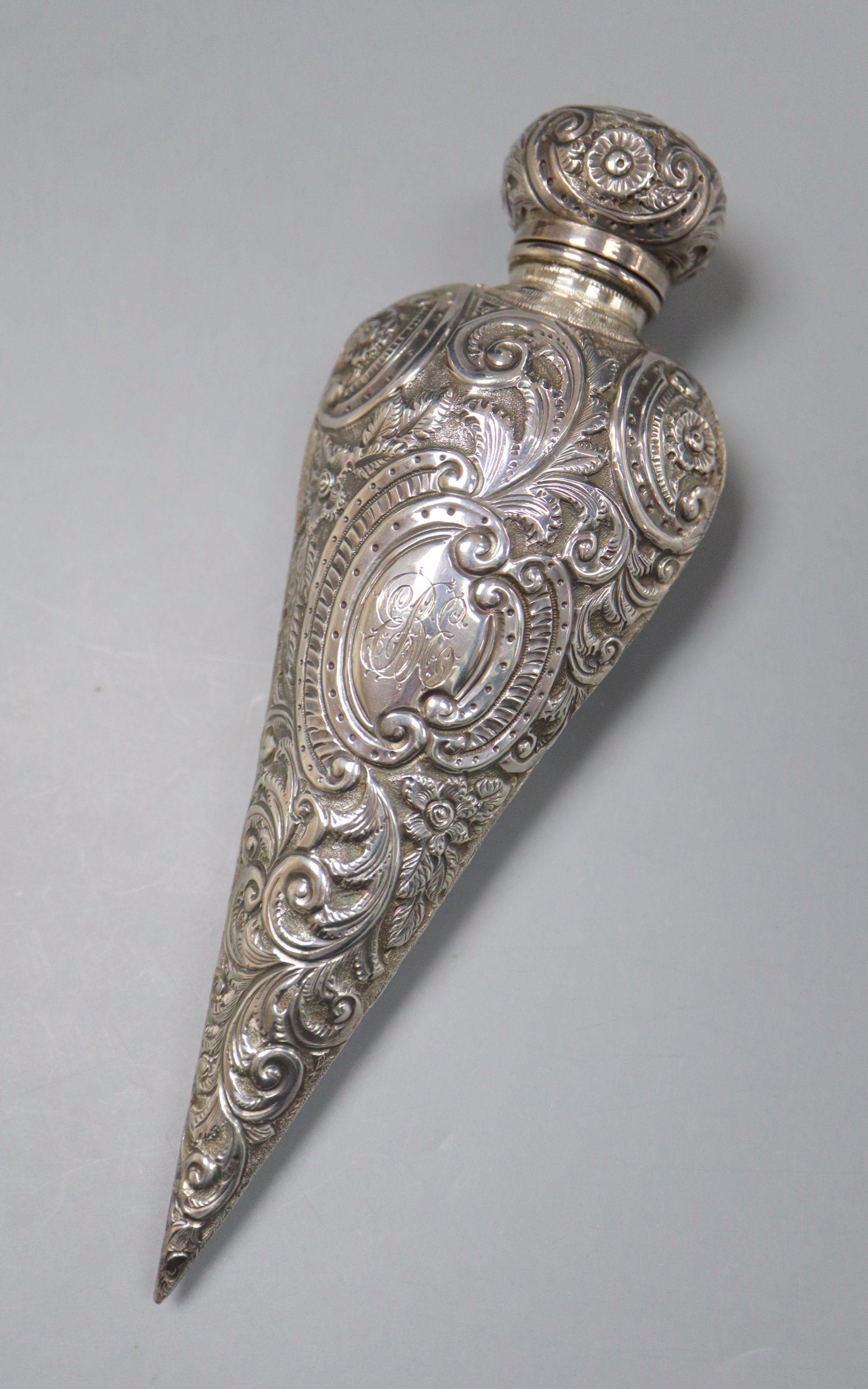 A Victorian silver mounted teardrop shaped scent bottle, Hilliard & Thomason?, Birmingham, 1899, 15.8cm.